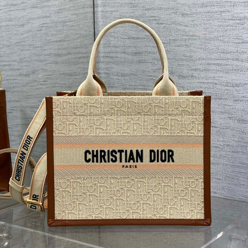 DIOR Small Book Tote 27 Beige Oblique Embroidered Raffia Camel Calfskin