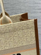 DIOR Medium Book Tote 37 Beige Oblique Embroidered Raffia Camel Calfskin