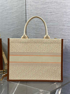 DIOR Medium Book Tote 37 Beige Oblique Embroidered Raffia Camel Calfskin