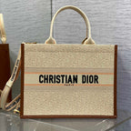 DIOR Medium Book Tote 37 Beige Oblique Embroidered Raffia Camel Calfskin