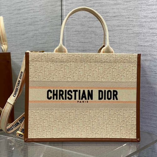DIOR Medium Book Tote 37 Beige Oblique Embroidered Raffia Camel Calfskin