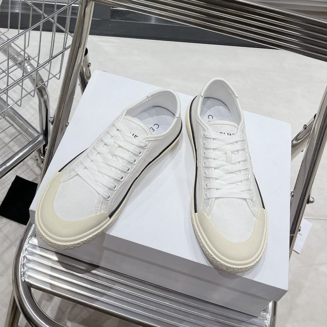 Celine JANE SNEAKERS LOW LACE-UP WITH TRIOMPHE PATCH IN CANVAS AND CALFSKIN WHITE