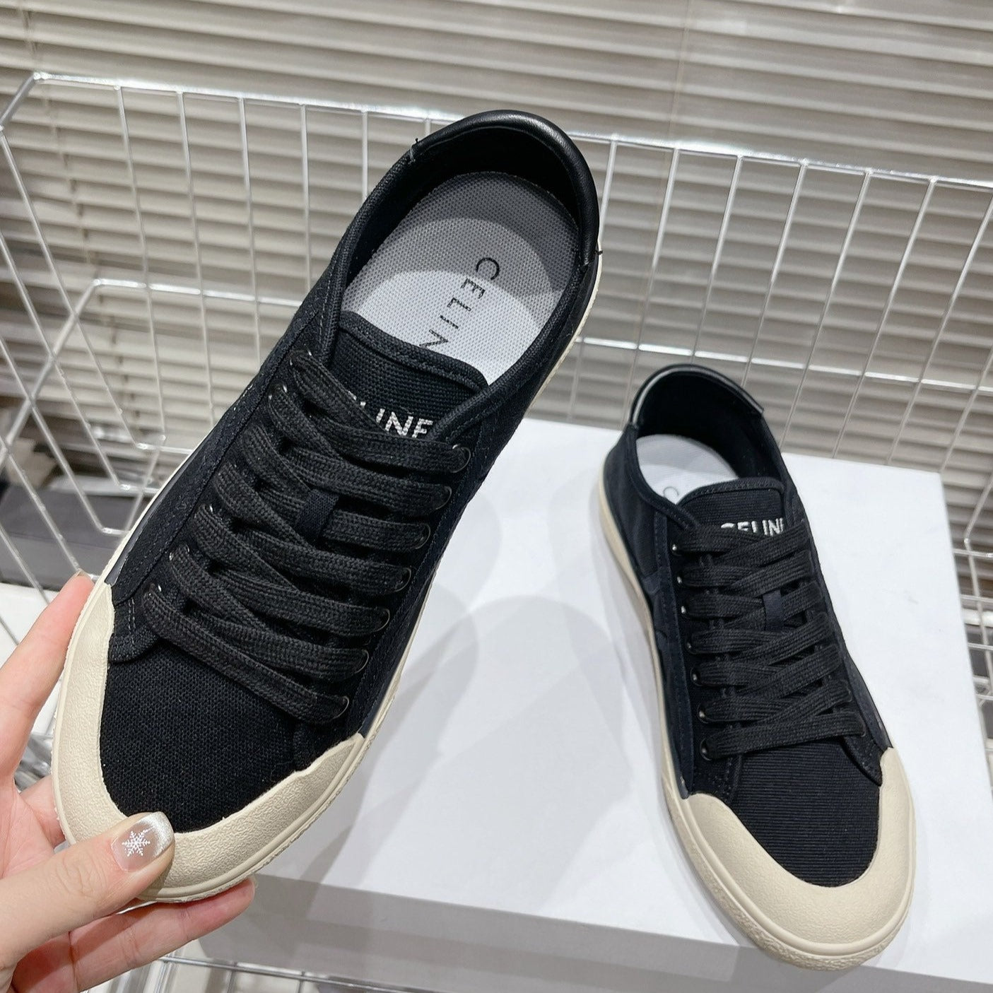Celine JANE SNEAKERS LOW LACE-UP WITH TRIOMPHE PATCH IN CANVAS AND CALFSKIN BLACK
