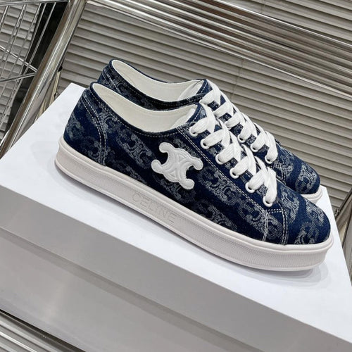 Celine JANE SNEAKERS LOW LACE-UP WITH TRIOMPHE PATCH IN CANVAS AND CALFSKIN DETAIL NAVY/ WHITE LOGO