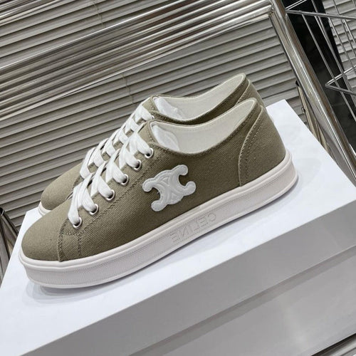 Celine JANE SNEAKERS LOW LACE-UP WITH TRIOMPHE PATCH IN CANVAS AND CALFSKIN STONE GRAY/ WHITE LOGO