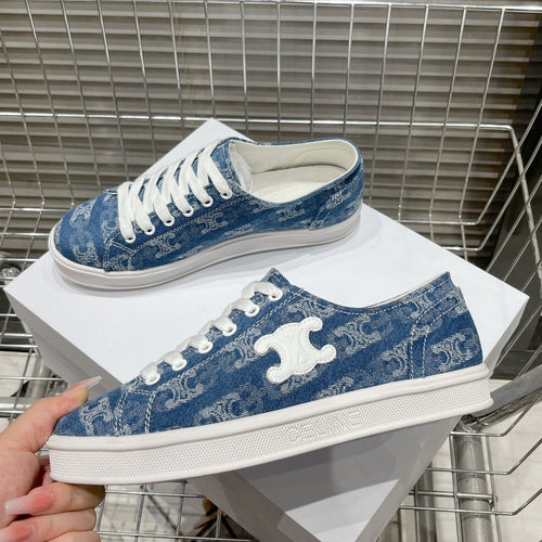 Celine JANE SNEAKERS LOW LACE-UP WITH TRIOMPHE PATCH IN CANVAS AND CALFSKIN DETAIL DENIM/ WHITE LOGO