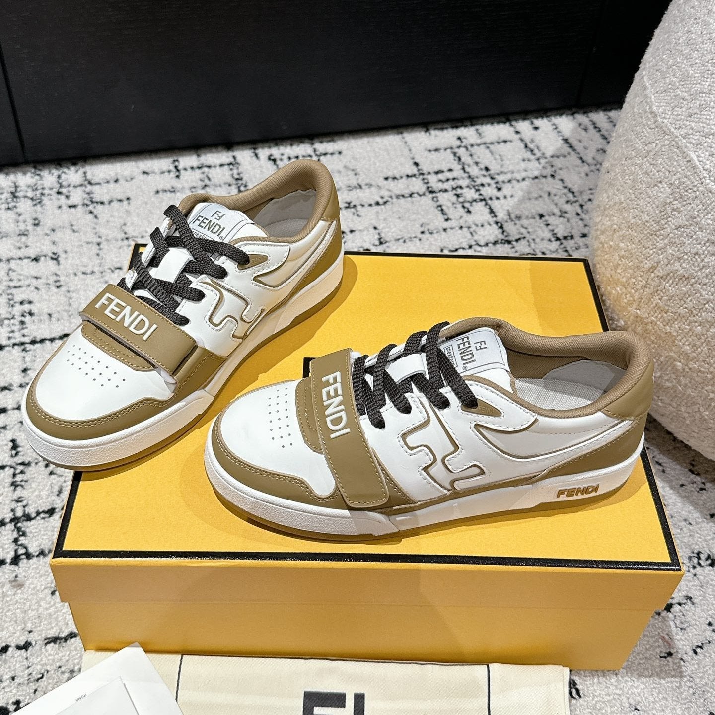FENDI FENDI MATCH LOW-TOPS IN DARK TAN MIX WHITE CALFSKIN