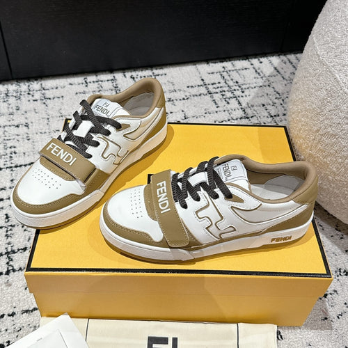 FENDI FENDI MATCH LOW-TOPS IN DARK TAN MIX WHITE CALFSKIN