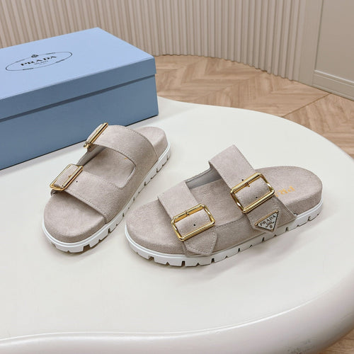 PRADA Double Buckle Strap Slides 20 Light Grey Suede