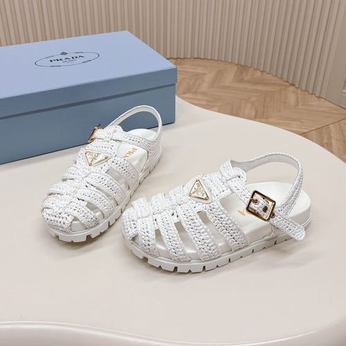 PRADA Monolith Crochet Cage Sandals 30 White