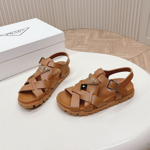 PRADA Interwoven Straps Sandals 30 Tan