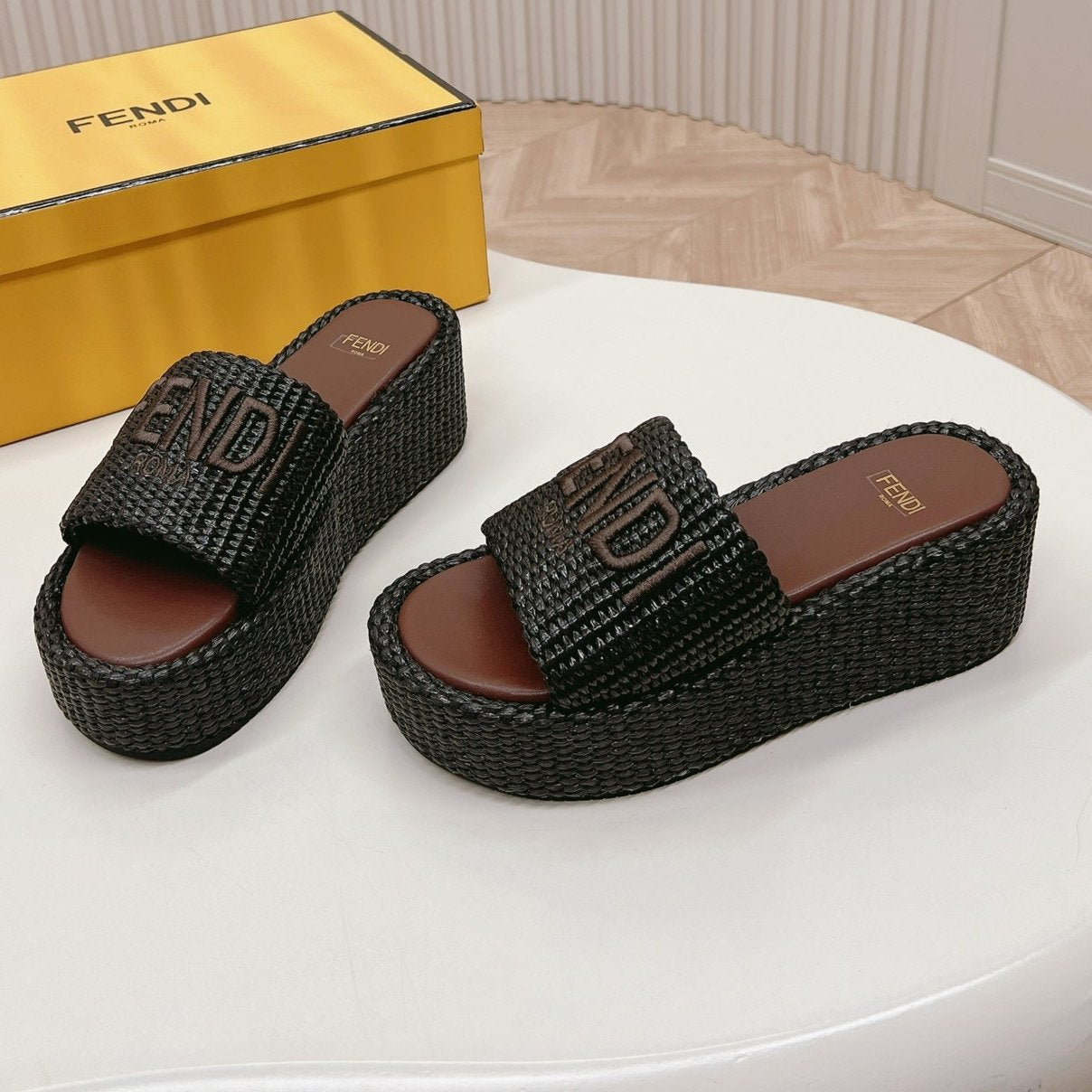 FENDI FENDI SIGNATURE WEDGE PLATFORM 6 CM IN BLACK FIBRE WITH BROWN EMBROIDERED LOGO