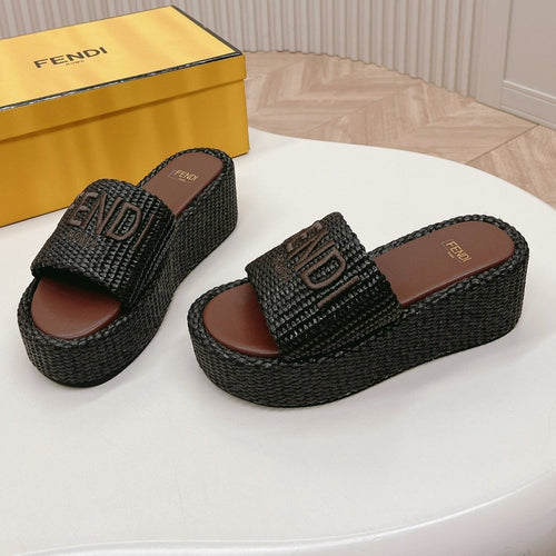 FENDI FENDI SIGNATURE WEDGE PLATFORM 6 CM IN BLACK FIBRE WITH BROWN EMBROIDERED LOGO