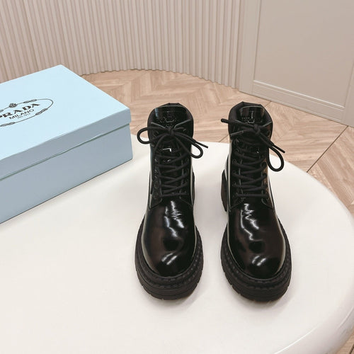 PRADA LACE-UP BOOTS GLOSSY BLACK CALFSKIN