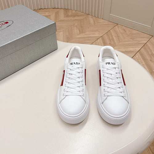 PRADA LEATHER LOGO OUTLET SNEAKERS BLACK AND CHERRY CALFSKIN