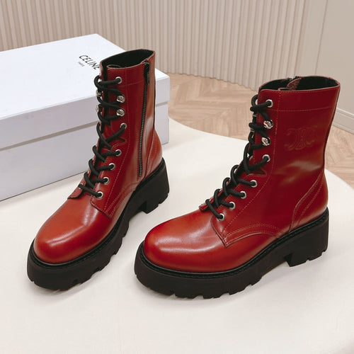 Celine TRIOMPHE RANGERS MID LACE-UP BOOT IN CHERRY RED CALFSKIN