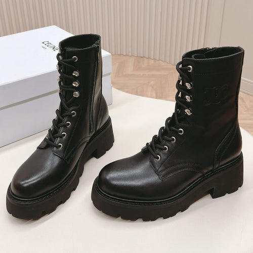 Celine TRIOMPHE RANGERS MID LACE-UP BOOT IN BLACK CALFSKIN