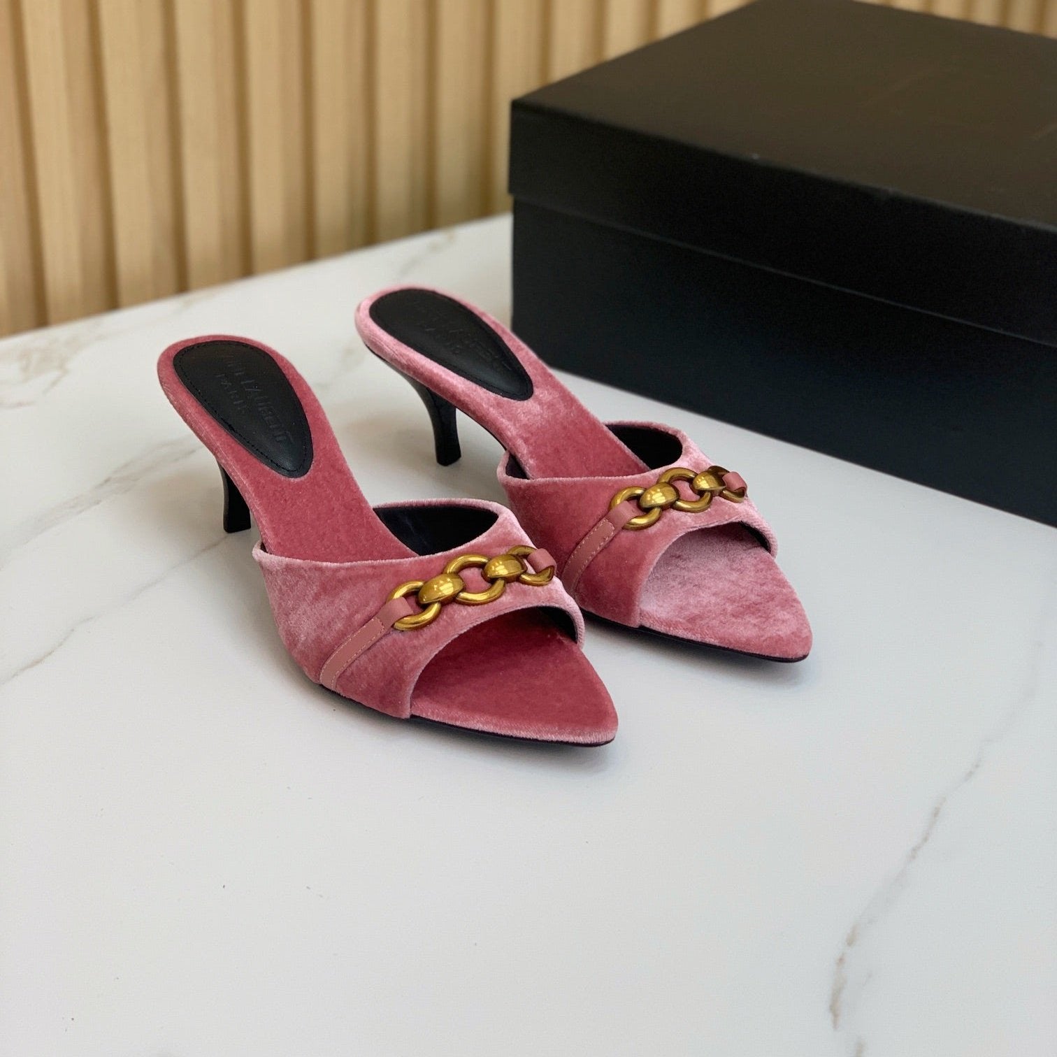 Saint Laurent SL CHAIN ATTACH HEELED MULES BLUSH PINK VELVET