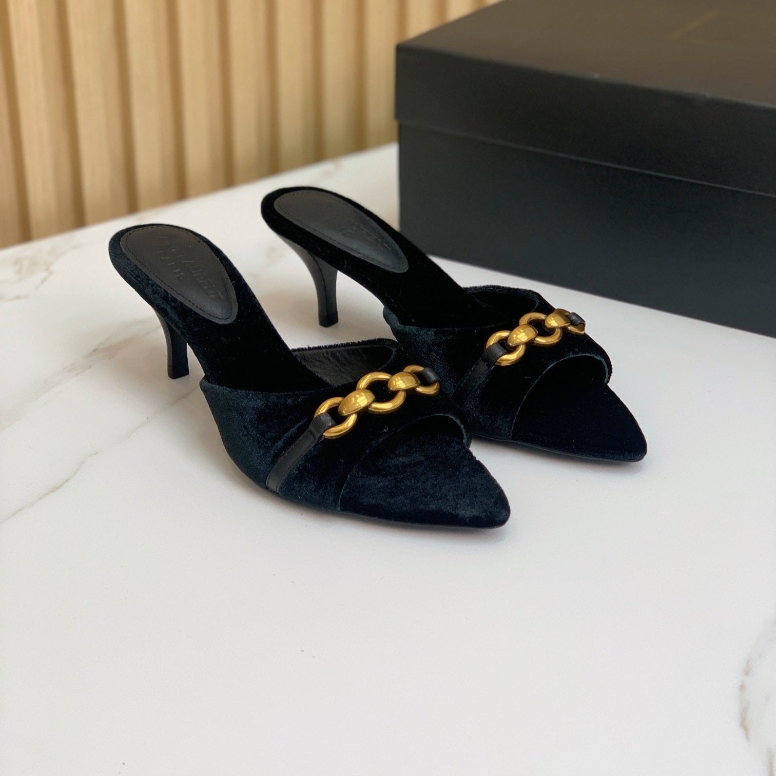 Saint Laurent SL CHAIN ATTACH HEELED MULES BLACK VELVET