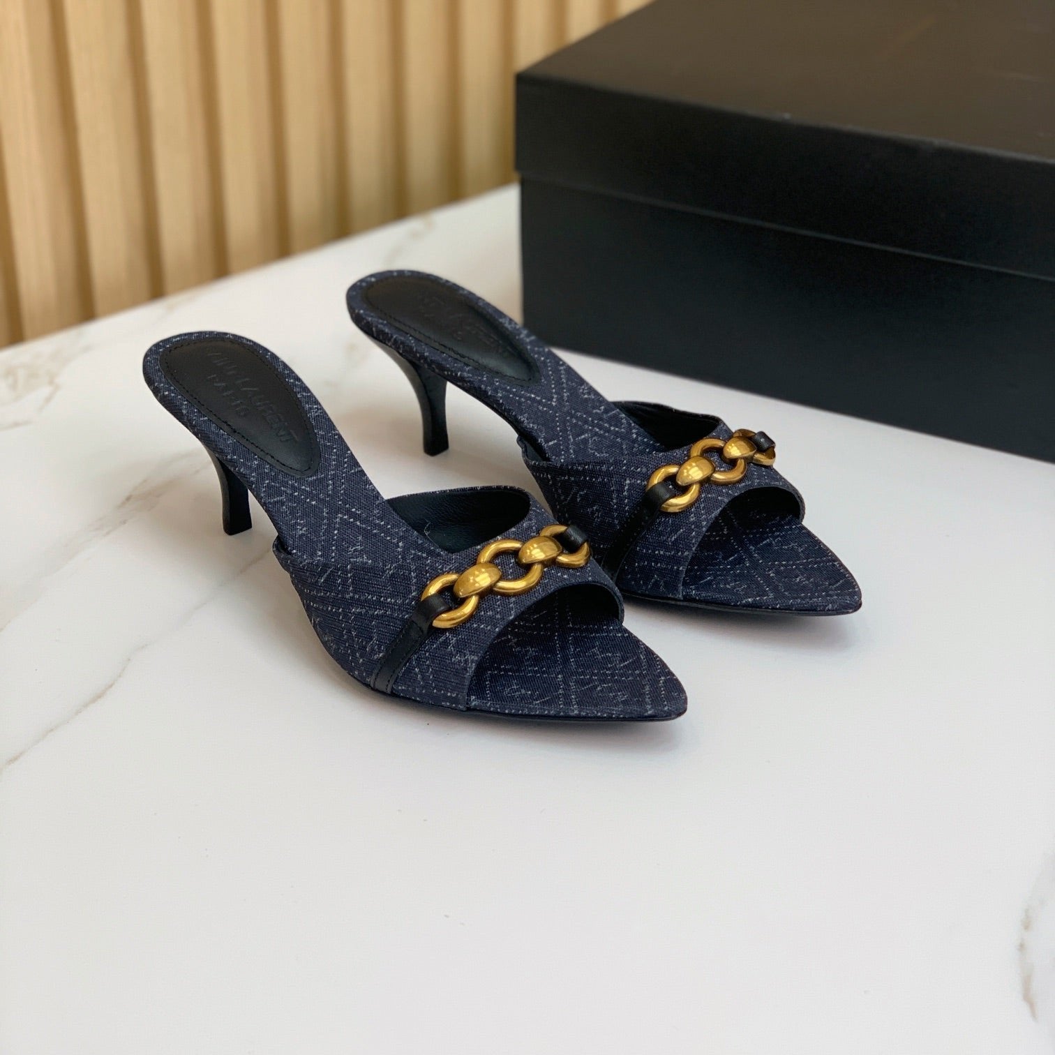 Saint Laurent SL CHAIN ATTACH HEELED MULES INDIGO DENIM