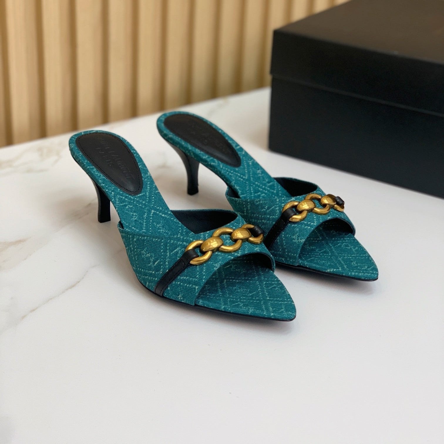 Saint Laurent SL CHAIN ATTACH HEELED MULES SAPPHIRE DENIM