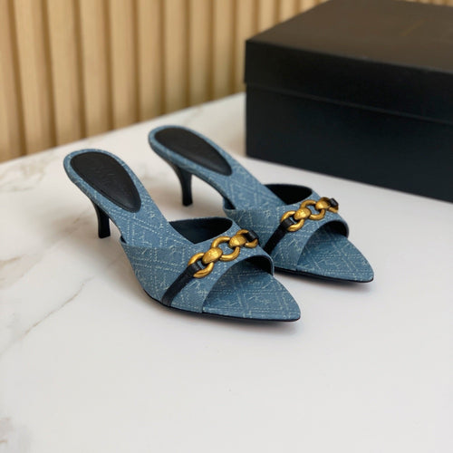 Saint Laurent SL CHAIN ATTACH HEELED MULES CERULEAN DENIM