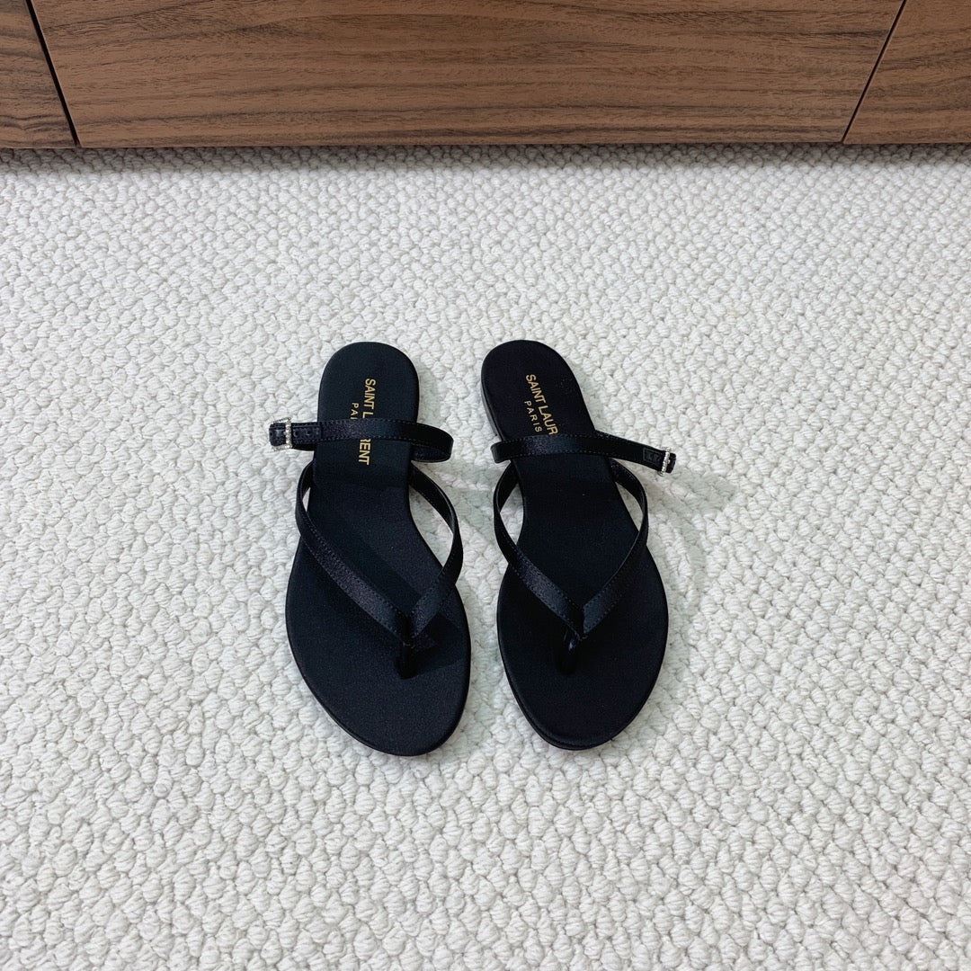 Saint Laurent SL CRYSTAL BUCKLE THONG SANDAL BLACK SATIN