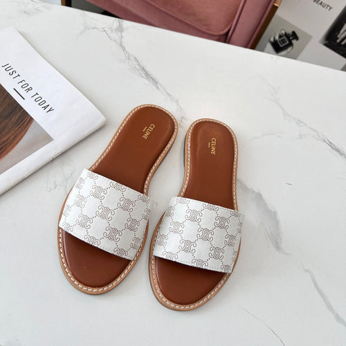 Celine Celine 25C Slippers White Monagram Silk with Calfskin 238145