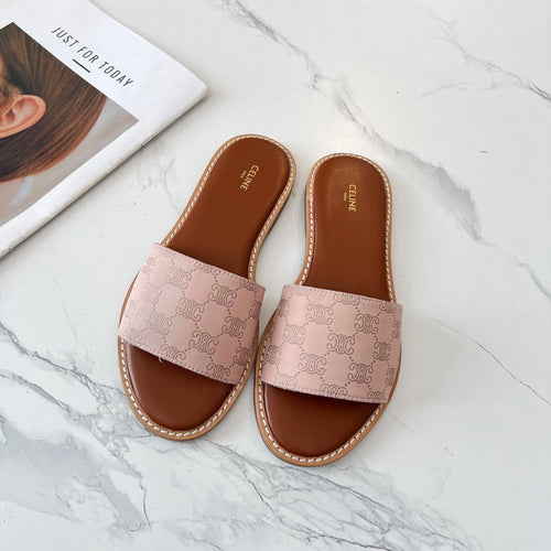 Celine Celine 25C Slippers Pink Pastel Monagram Silk with Calfskin 238146