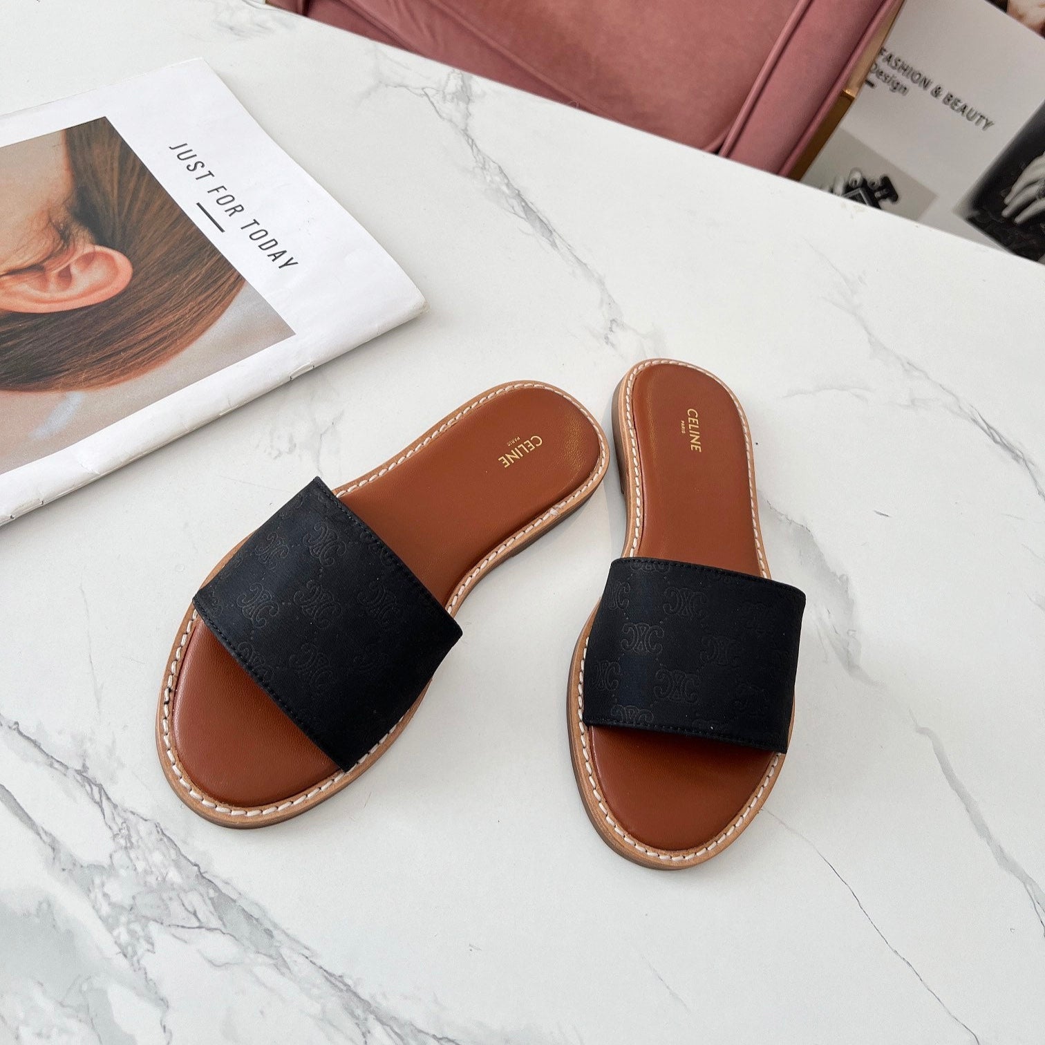 Celine Celine 25C Slippers Black Monagram Silk with Calfskin 238147