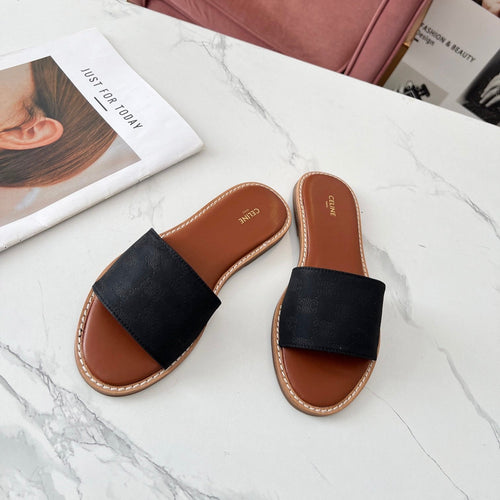 Celine Celine 25C Slippers Black Monagram Silk with Calfskin 238147