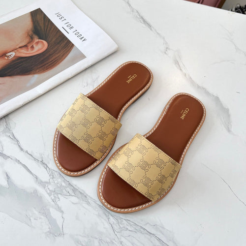 Celine Celine 25C Slippers Egg Nog Monagram Silk with Calfskin 238148