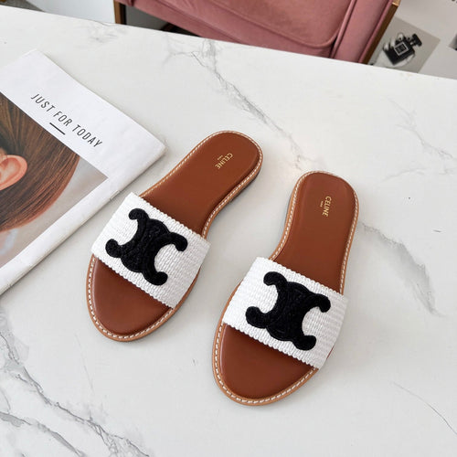 Celine Celine 25C Slippers White mix Black Fabric with Calfskin 238150