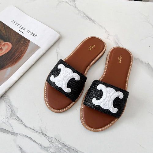 Celine Celine 25C Slippers Black mix White Fabric with Calfskin 238151