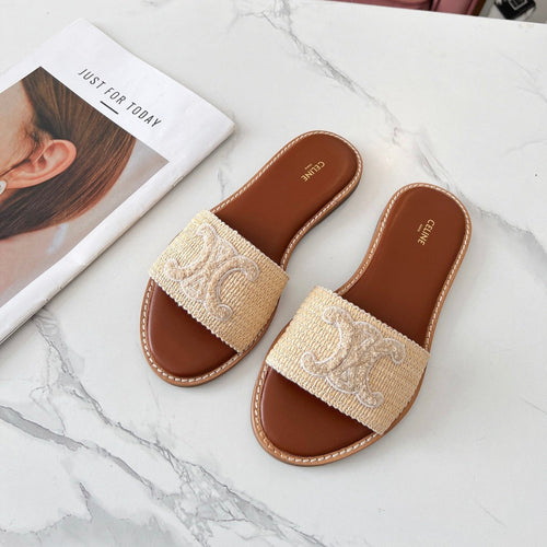 Celine Celine 25C Slippers Beige Fabric with Calfskin 238154