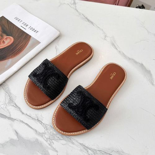 Celine Celine 25C Slippers Black Fabric with Calfskin 238155