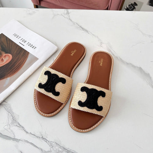 Celine Celine 25C Slippers Beige mix Black Fabric with Calfskin 238156
