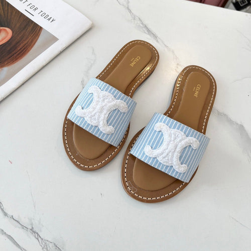 Celine Celine 25C Slippers Baby Blue mix White Fabric with Calfskin 238165