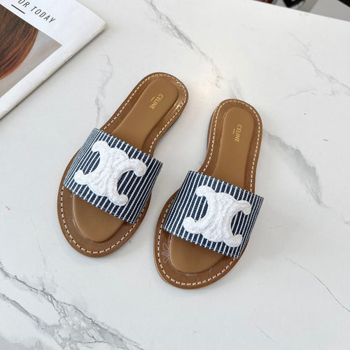 Celine Celine 25C Slippers Navy Blue mix White Fabric with Calfskin 238166