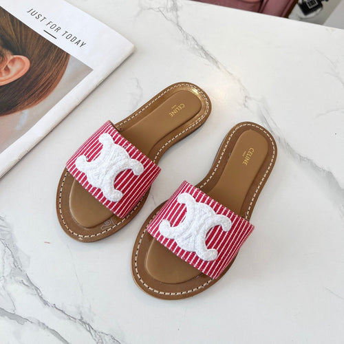 Celine Celine 25C Slippers Red mix White Fabric with Calfskin 238167