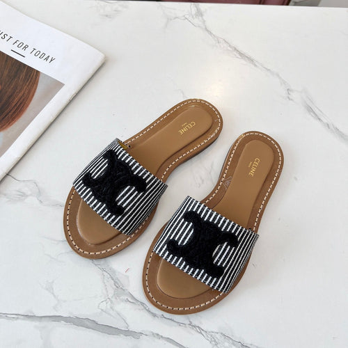 Celine Celine 25C Slippers Black Fabric with Calfskin 238168