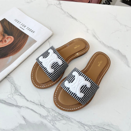 Celine Celine 25C Slippers Black mix White Fabric with Calfskin 238169