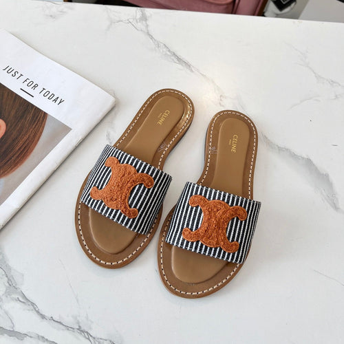 Celine Celine 25C Slippers Black mix Orange Fabric with Calfskin 238170