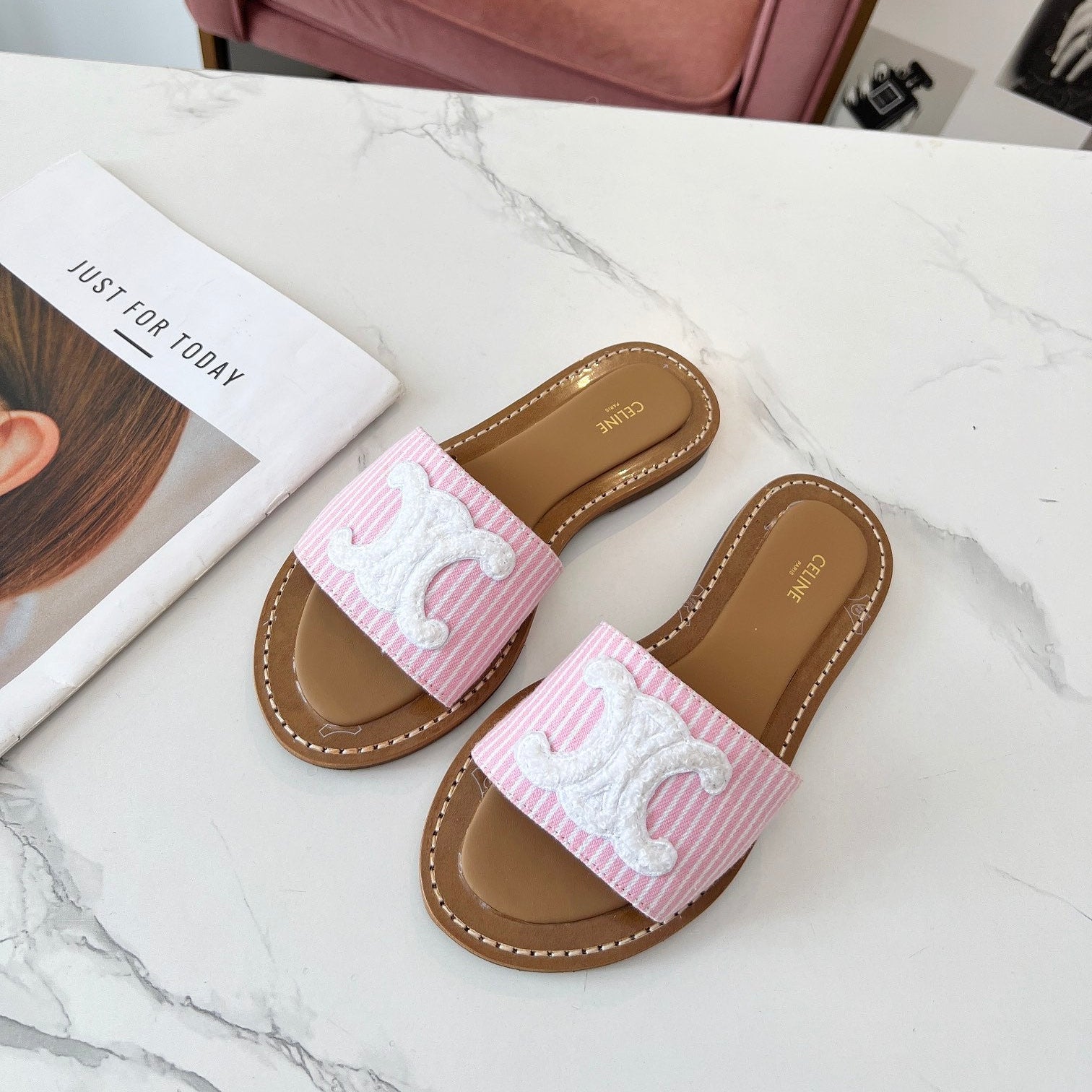 Celine Celine 25C Slippers Pink mix White Fabric with Calfskin 238164