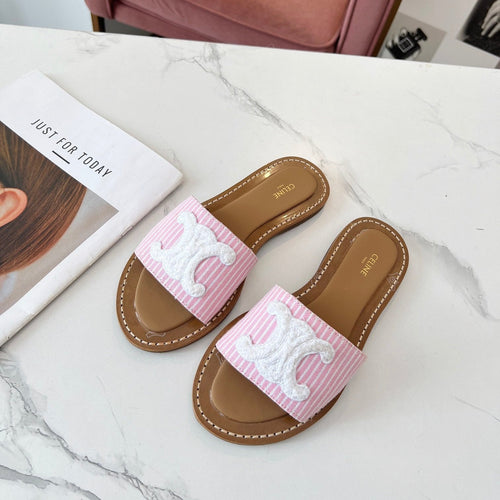 Celine Celine 25C Slippers Pink mix White Fabric with Calfskin 238164