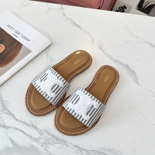 Celine Celine 25C Slippers Gray mix White Fabric with Calfskin 238171