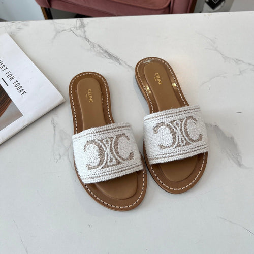 Celine Celine 25C Slippers White Fabric with Calfskin 238157