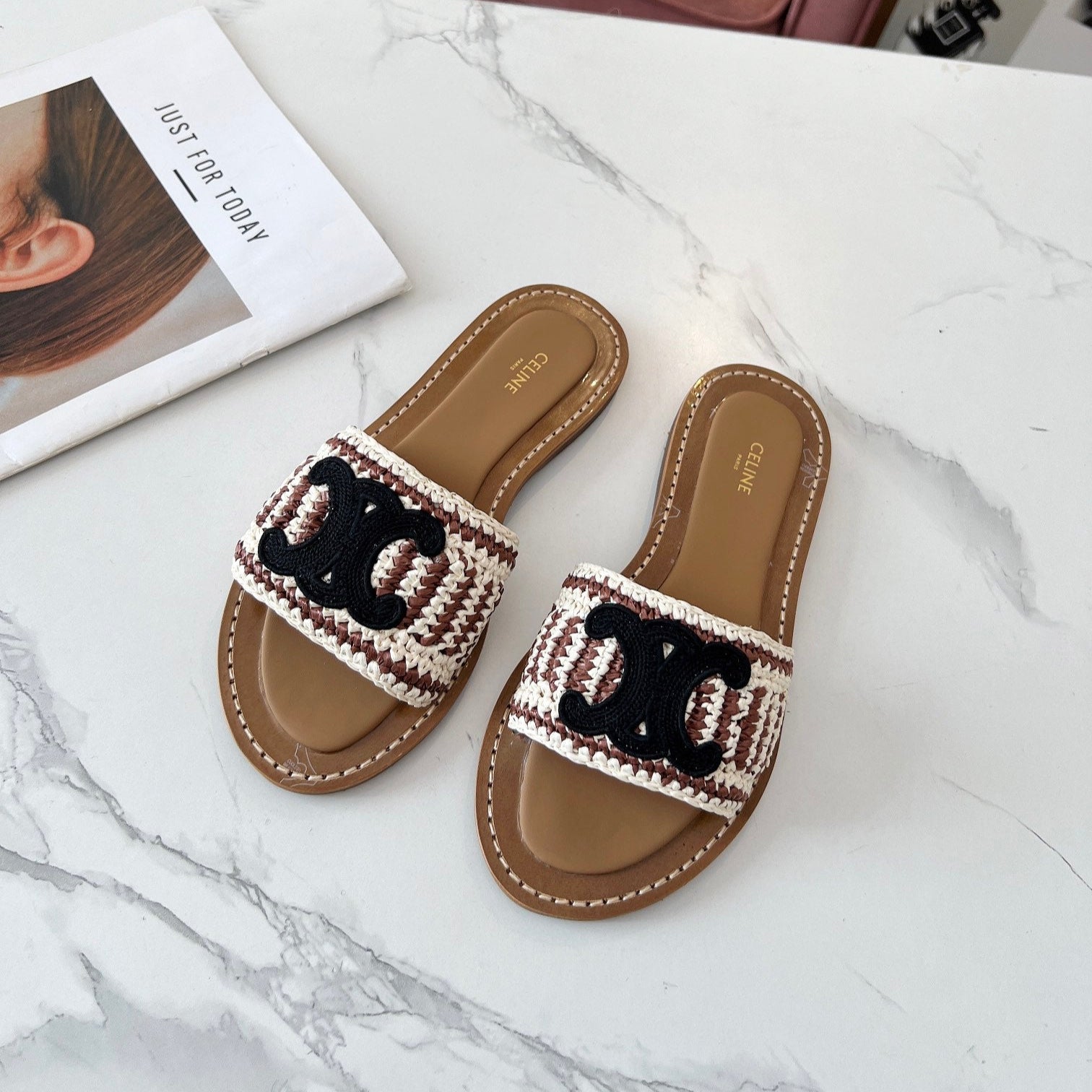 Celine Celine 25C Slippers Beige mix Black Fabric with Calfskin 238158