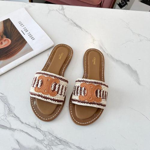 Celine Celine 25C Slippers Beige mix Cantaloupe Fabric with Calfskin 238159
