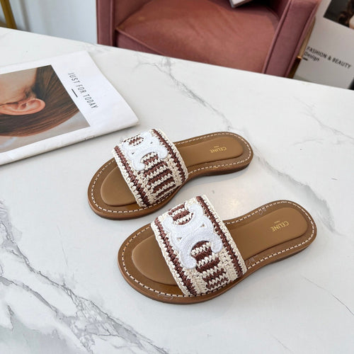 Celine Celine 25C Slippers Beige mix Brown Fabric with Calfskin 238160